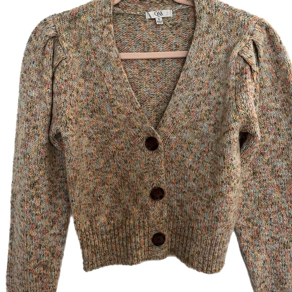 Y2K style with puffs sleeves knit button front crop cardigan - Picture 1 of 4